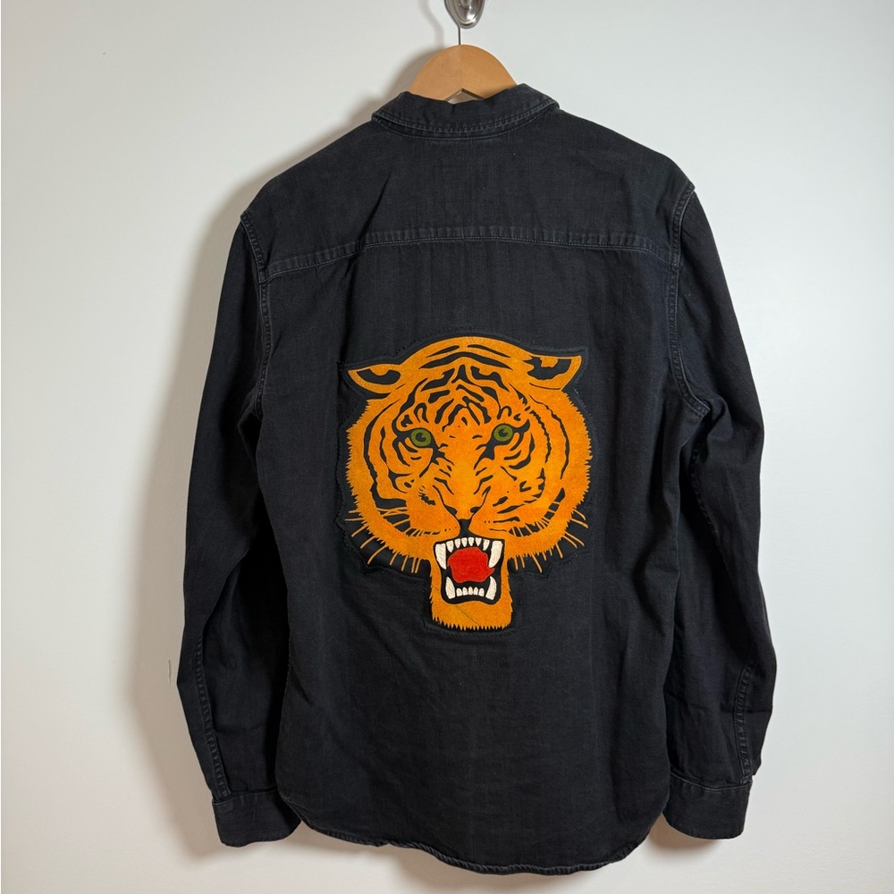 Upcycled Black Denim Jean Shirt Jacket with Vintage 1950s Tiger Patch